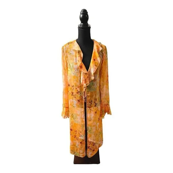 Wild Fable Ladies Orange Floral Print Sheer Long Sleeves Cover-Up Size Multiple - Picture 8 of 10